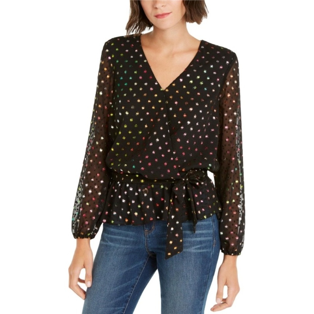 INC‎ International Concepts Black Dot Print Sparkle Belt Peplum Blouse PS NWT